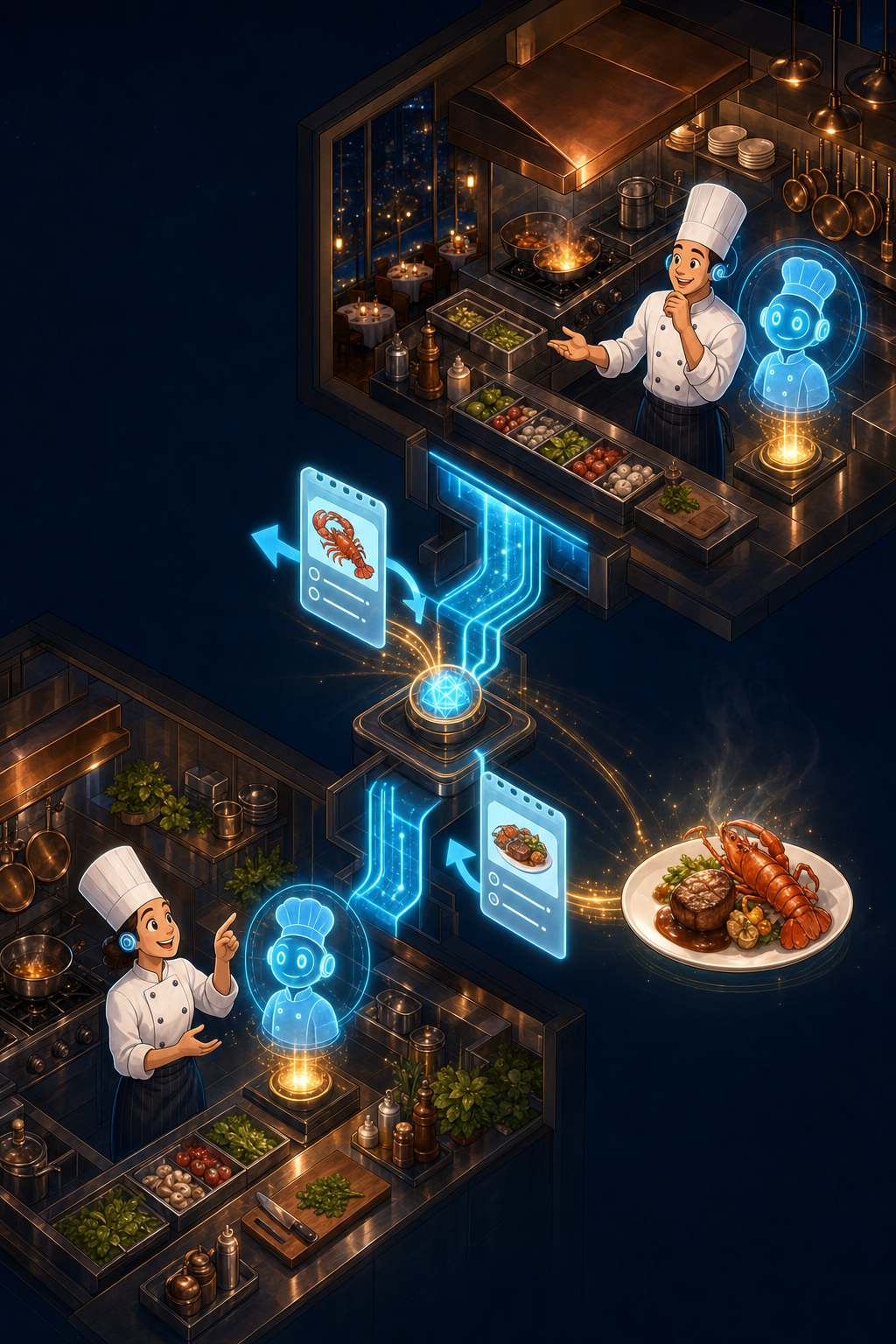 Individual restaurant analogy illustration for Agent2Agent Protocol (A2A)