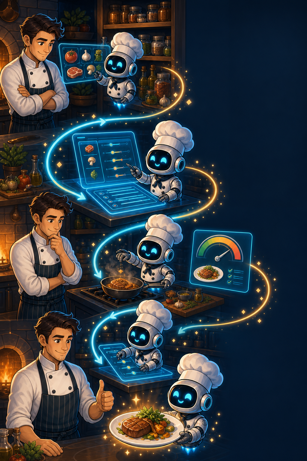 Individual restaurant analogy illustration for Agentic coding