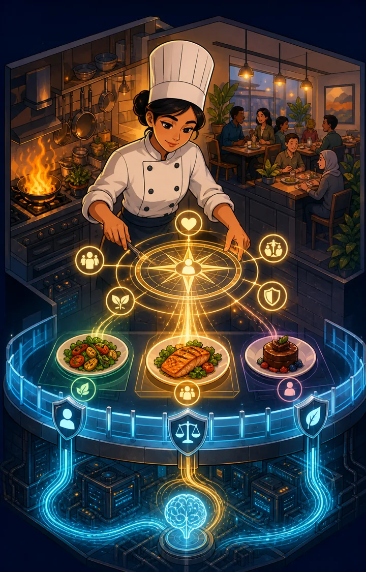 Individual restaurant analogy illustration for AI alignment