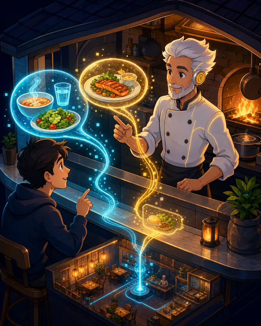 Individual restaurant analogy illustration for Chat