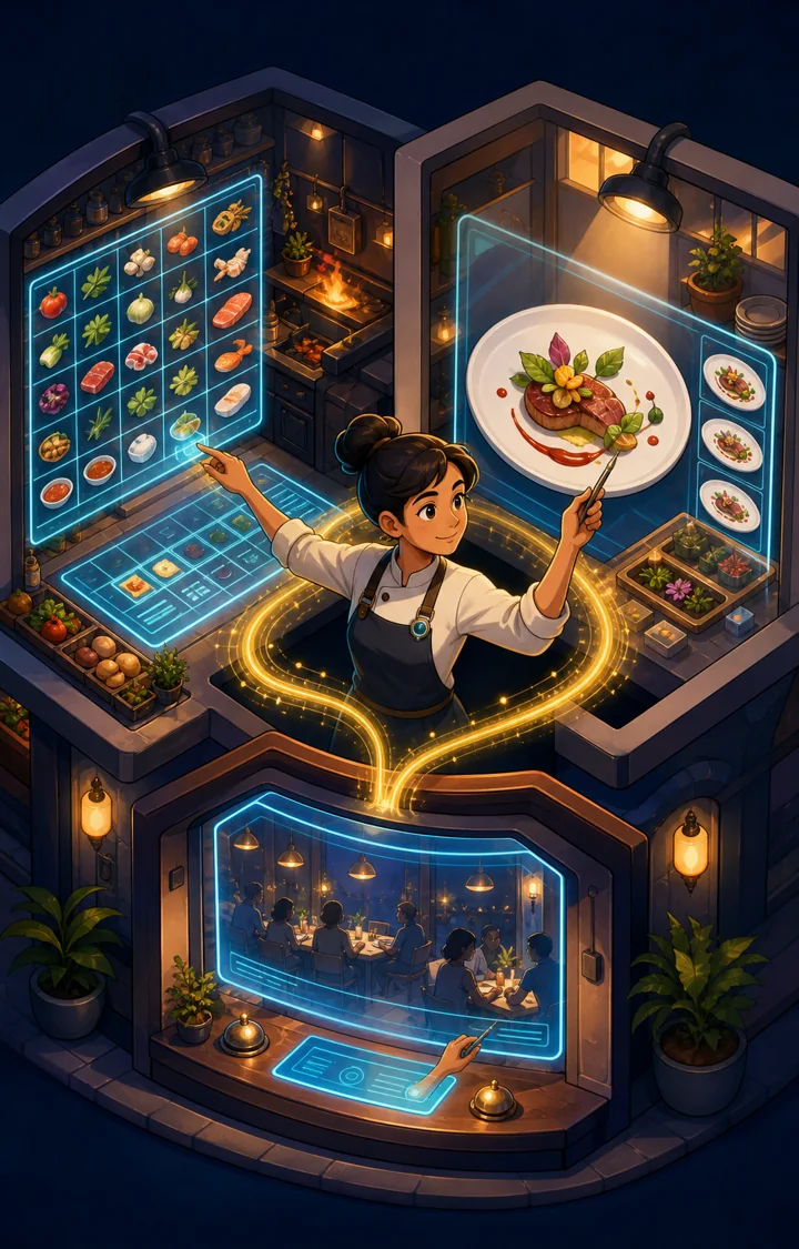Individual restaurant analogy illustration for Claude in Excel / PowerPoint / Chrome