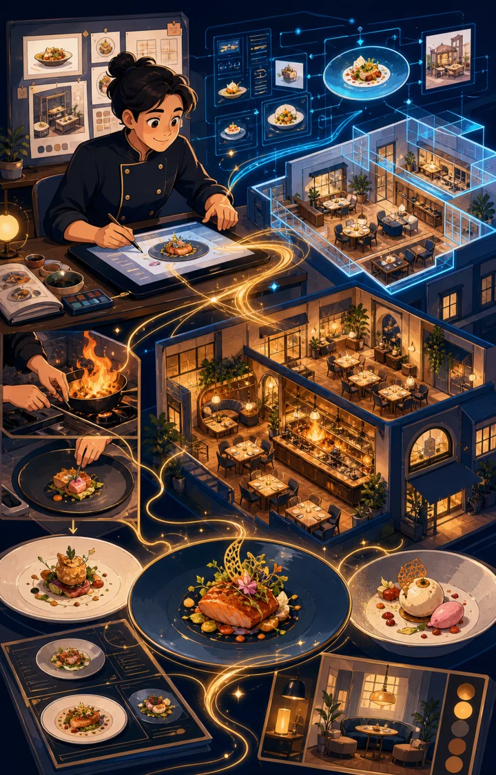 Individual restaurant analogy illustration for Claude Design