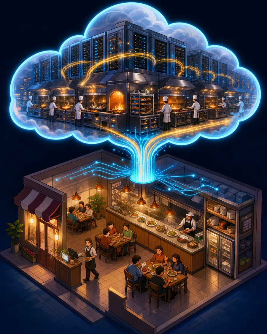 Individual restaurant analogy illustration for Cloud computing
