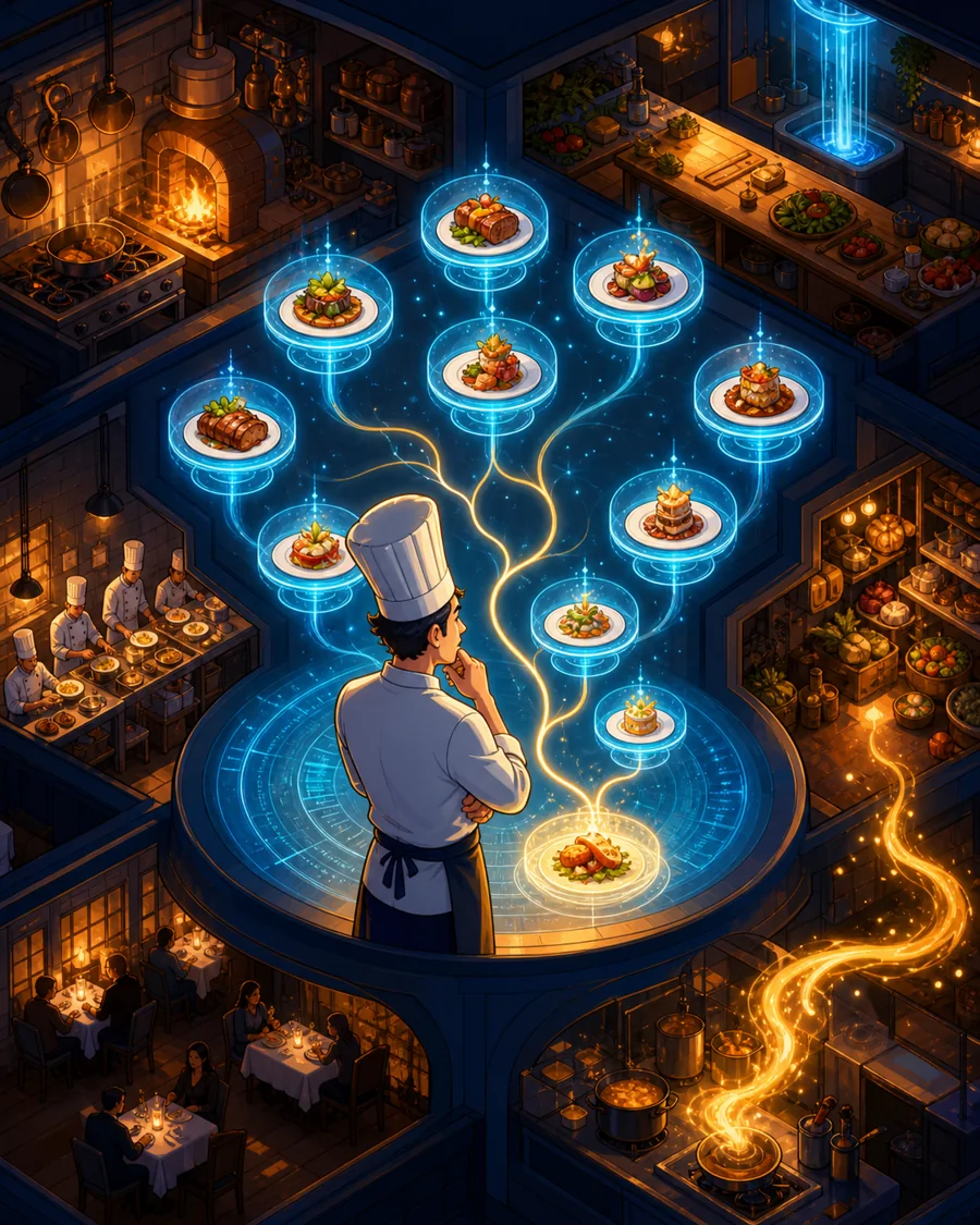 Individual restaurant analogy illustration for Adaptive / Extended thinking