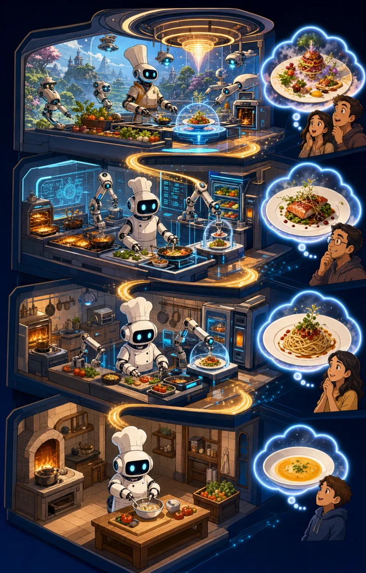 Individual restaurant analogy illustration for GPT-4 / GPT-5
