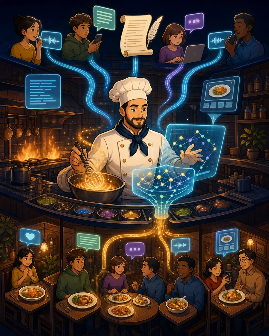 Individual restaurant analogy illustration for Language processing / NLP