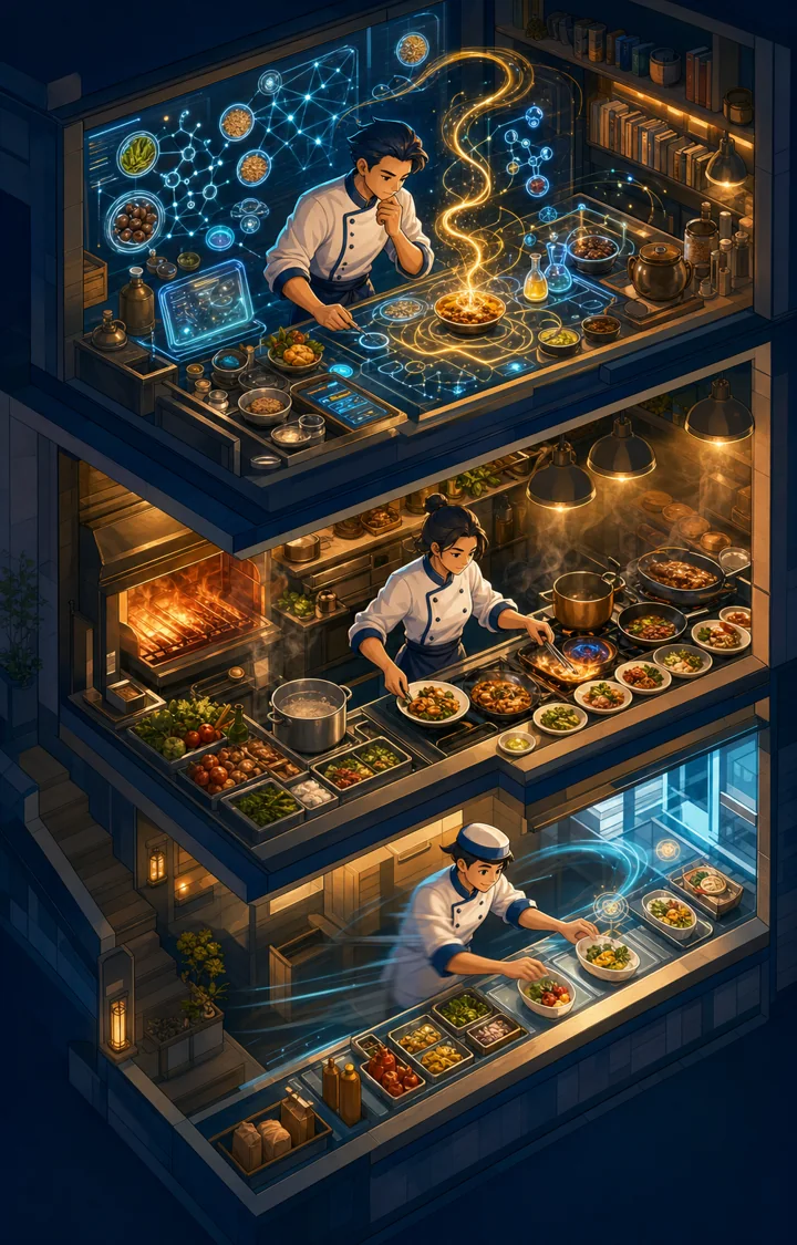 Individual restaurant analogy illustration for Opus, Sonnet, Haiku