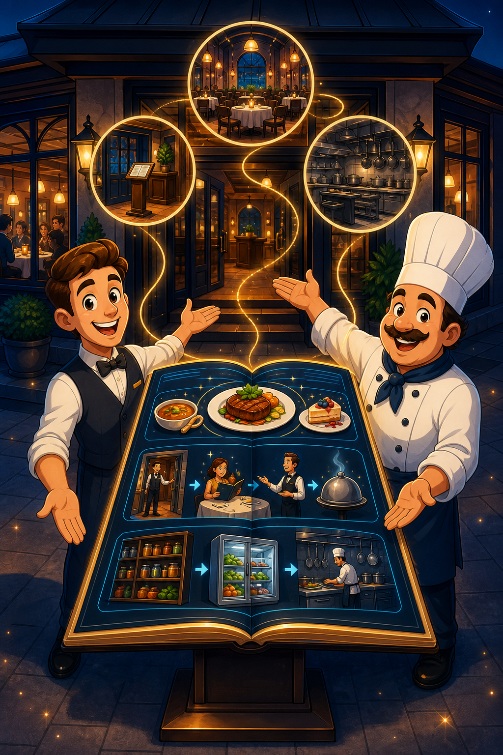 Individual restaurant analogy illustration for README