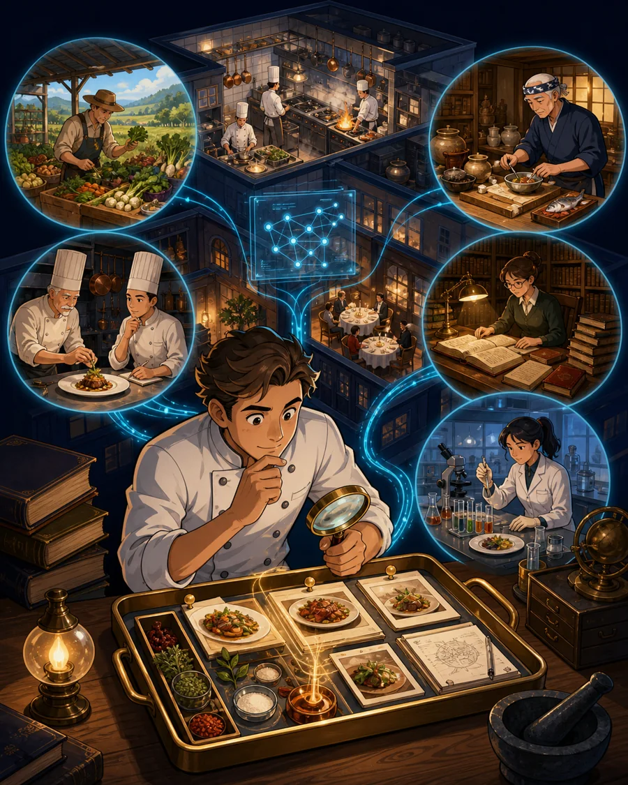 Individual restaurant analogy illustration for Research mode