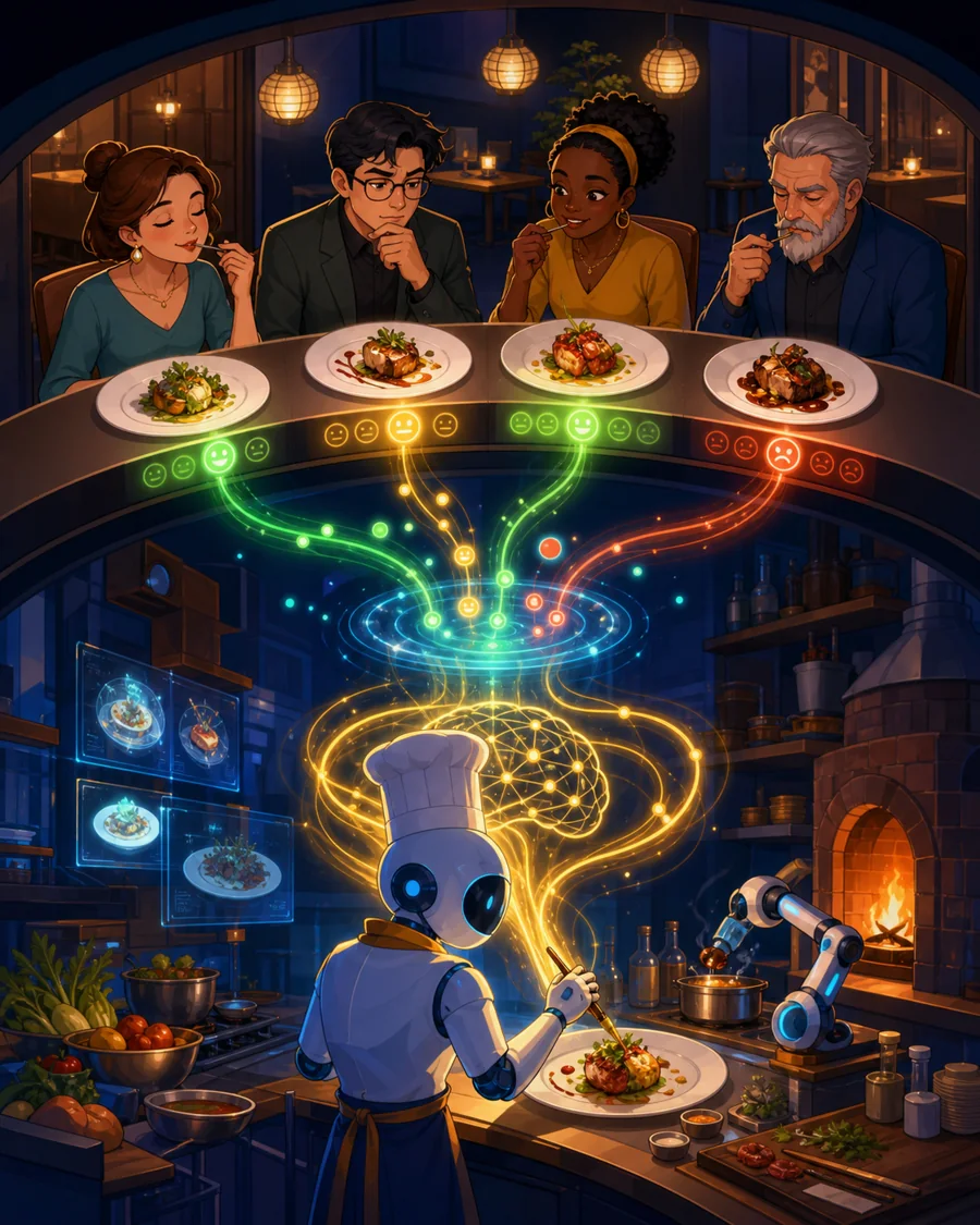 Individual restaurant analogy illustration for RLHF (Reinforcement Learning with Human Feedback)
