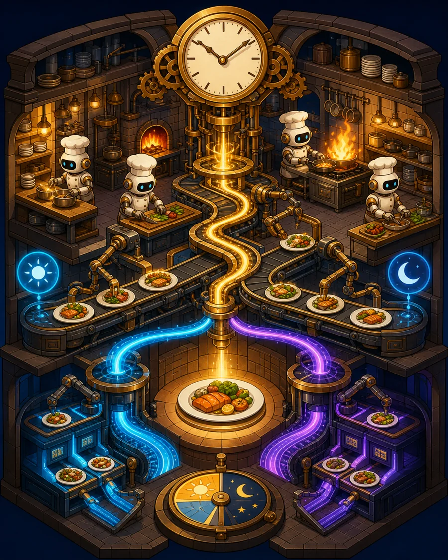 Individual restaurant analogy illustration for Scheduled tasks / Routines
